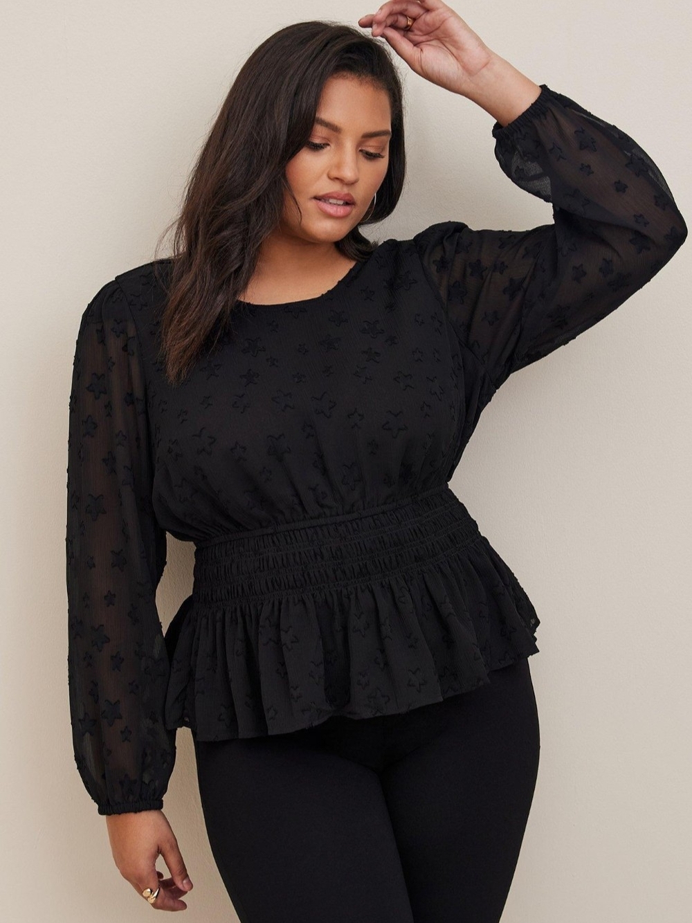 Torrid Black Star Chiffon Smocked Waist Peplum Blouse Size 3 3X